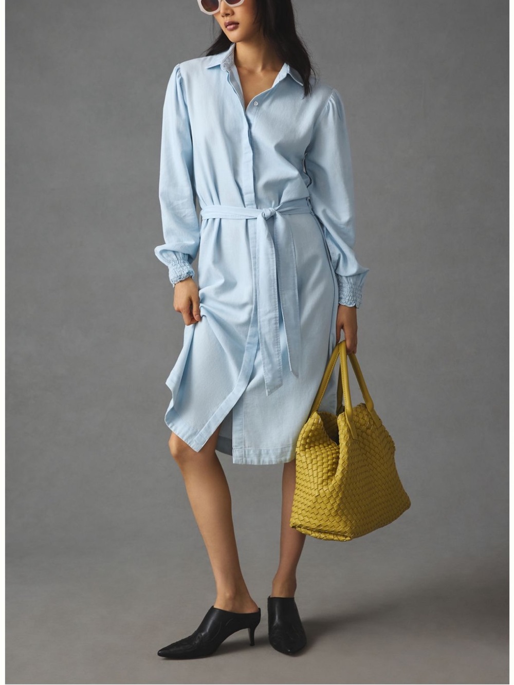 cloth & stone Light Blue Tie-Waist Midi Shirt Dress
